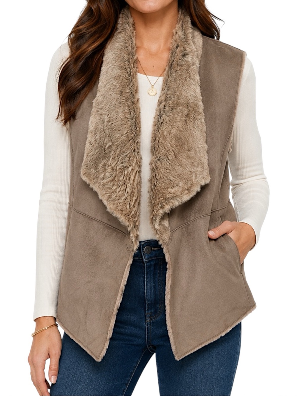 NIC+ZOE Faux Suede Shearling Vest S Taupe Brown Faux Fur Waterfall Boho